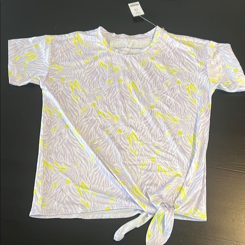 Rockets of Awesome Kids Zebra Print Tie Front Shirt White Yellow Size 14 NWT